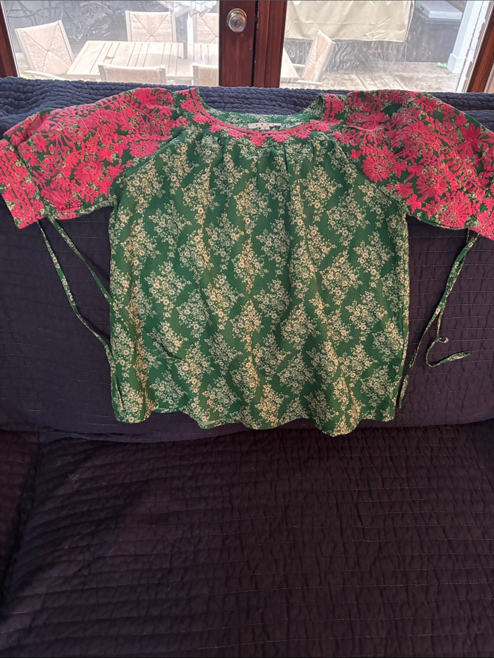 THML Green Floral Peasant Top with Pink Lace Sleeves